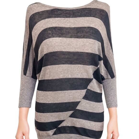 Vince Wool Silk Alpaca Stripe Sheer Dolman Tunic Sweater M Gray Black Boho - Picture 1 of 6